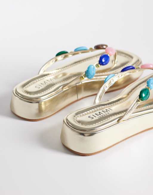 Simmi London Daisy flatform flip flops with stones in gold, 3 of 4