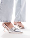 [SIMMI Shoes] Simmi London Dala pointed kitten heel slingbacks with eyelet buckle detail in silver metallic 36 SILVER