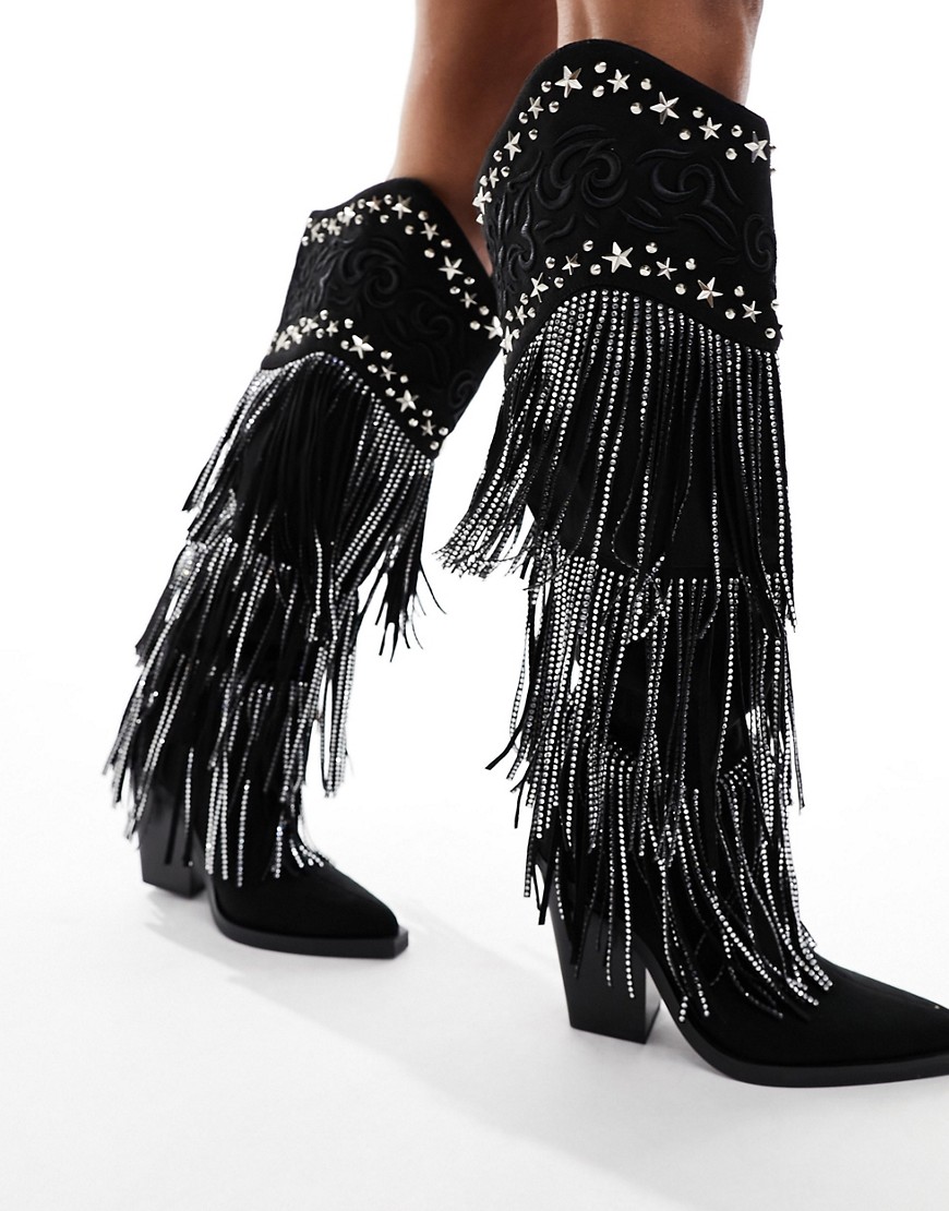 Simmi London Dance fringe western knee boot in black