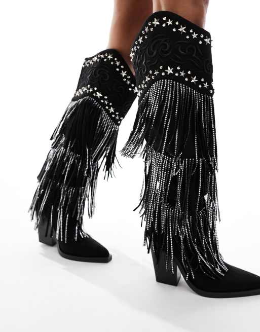 Simmi London Dance fringe western knee boot in black ASOS