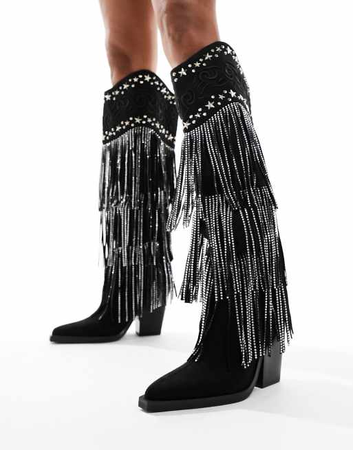 Simmi London Dance fringe western knee boots in black