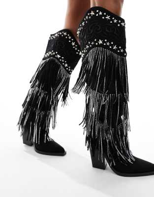 Simmi London - Dance - Kniehohe Cowboy-Stiefel in Schwarz mit Fransenbesatz