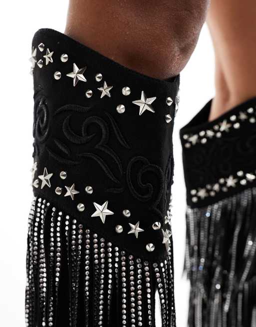 Simmi London - Dance - Santiags hauteur genou à franges - Noir, 3 de 4