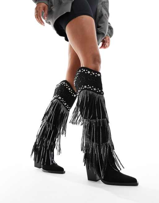 Simmi London - Dance - Santiags hauteur genou à franges - Noir, 4 de 4