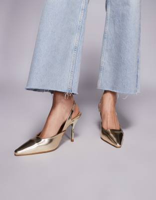 Simmi London Darcia pointed slingback heeled shoes in gold metallic PU