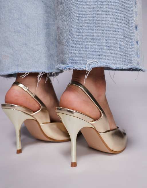 Simmi London Darcia pointed slingback heeled shoes in gold metallic PU