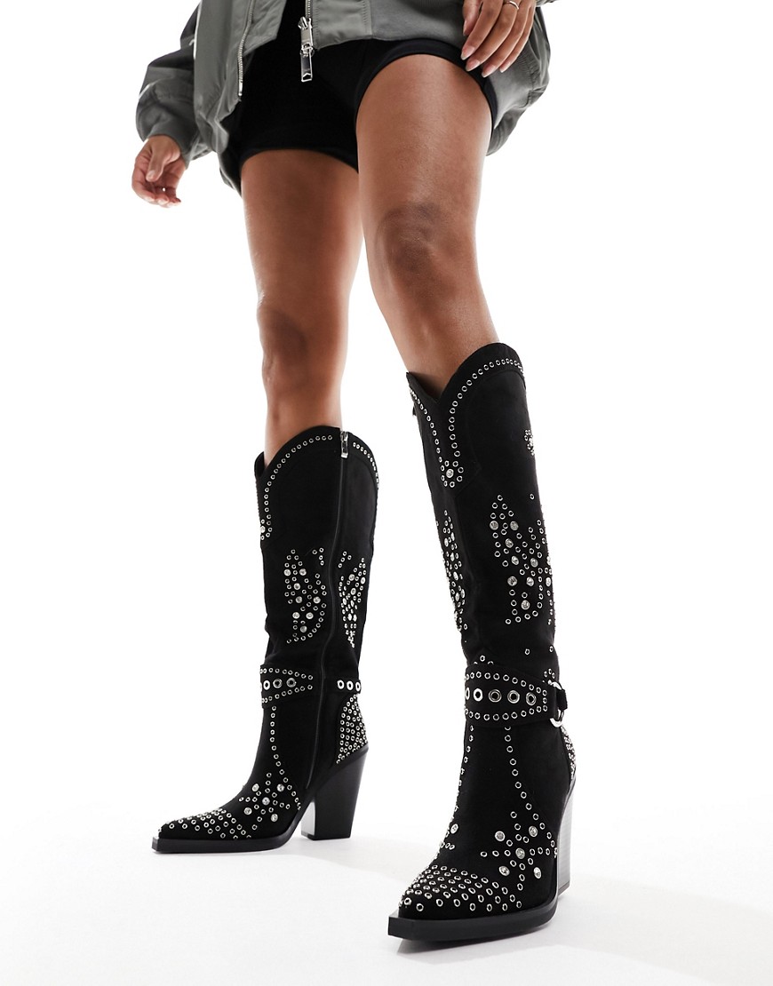 Simmi London Delano butterfly embellished western boot in black micro