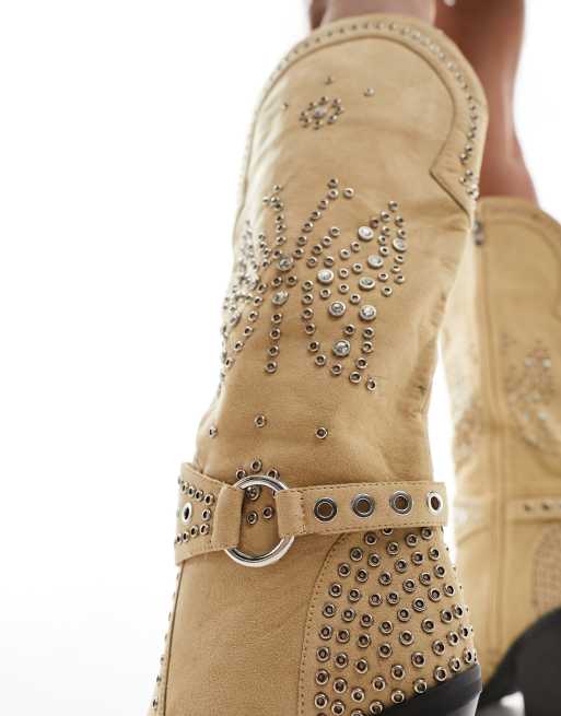Simmi London Delano butterfly embellished western boot in taupe micro, 2 of 4