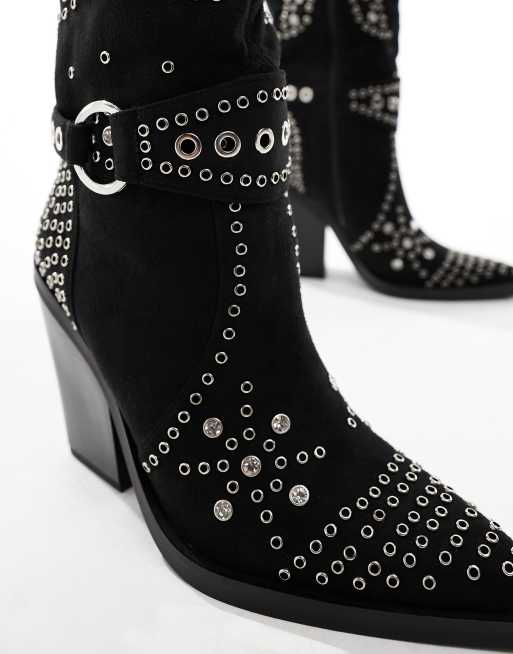 Simmi London Delano butterfly embellished western boots in black micro, 3 of 4