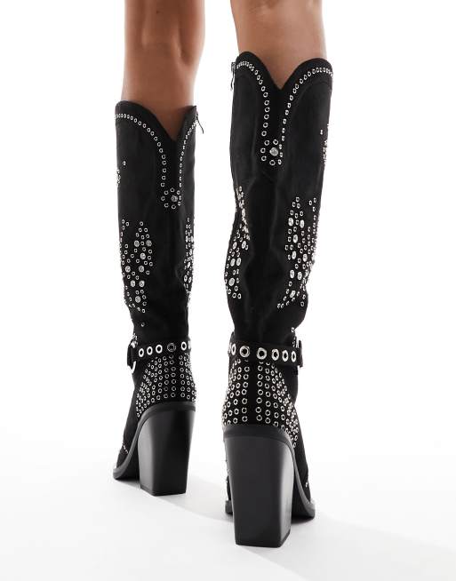 Simmi London Delano butterfly embellished western boots in black micro, 4 of 4