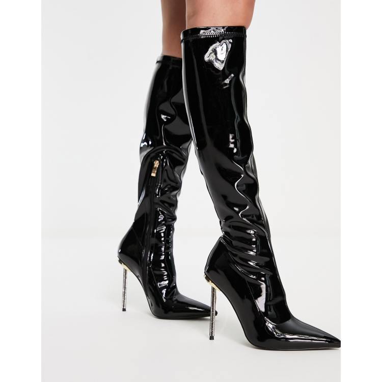 Simmi London Demi knee boots with diamante stiletto heel in black