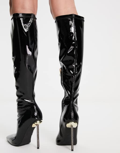 Simmi London Demi knee boots with diamante stiletto heel in black patent