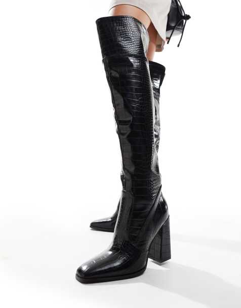 Simmi London Diego Over the Knee Boot in Black Croc - view 1