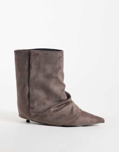 Simmi London Dixee fold over ruched ankle boots in grey suedette - view 1