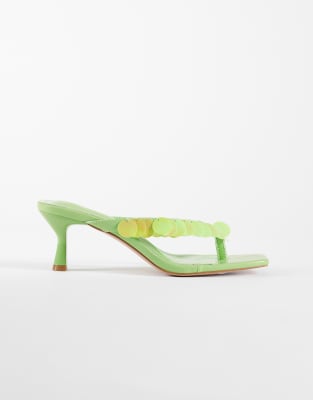 Simmi Shoes Simmi London Dixy Kitten Heel Flip Flop Sandals With Sequins In Green