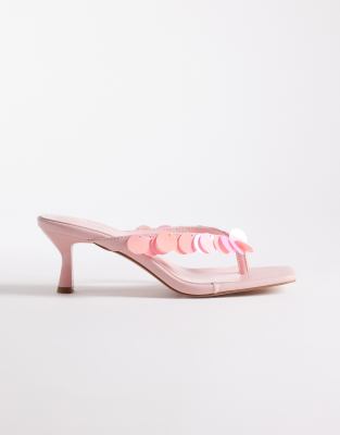 ASOS Simmi London Dixy kitten heel flip flop sandals with sequins in pink | ASOS