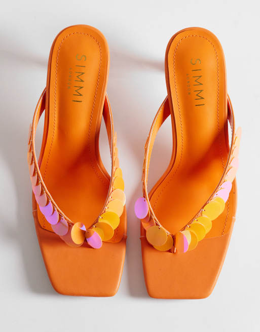 Simmi London Dixy kitten heel toe thong sandals with sequins in orange, 2 of 4
