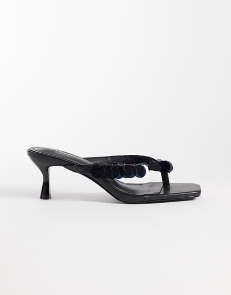 Simmi London Dixy toe post kitten heel sandals with sequins in black  - view 1