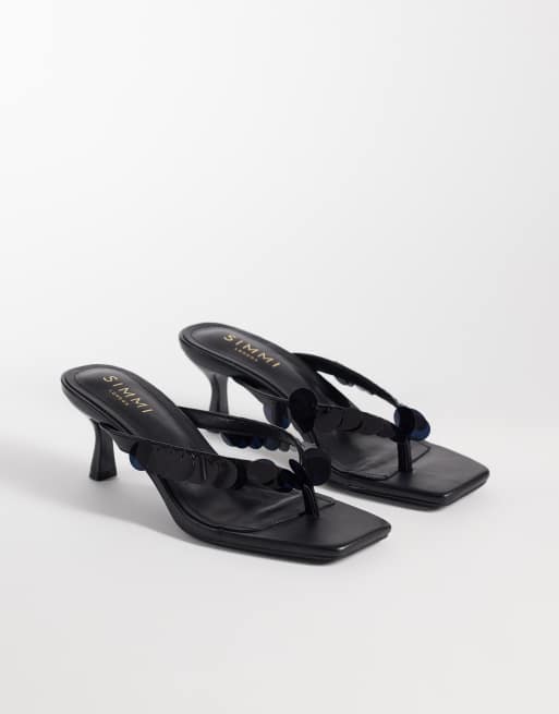 Simmi London Dixy toe post kitten heel sandals with sequins in black , 2 of 4