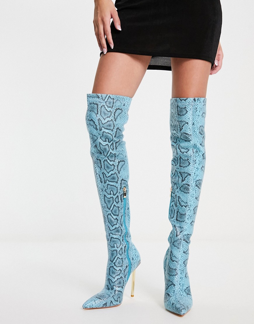 Simmi London Duke stiletto heel over the knee boots in blue snake print-Multi