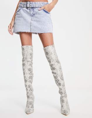 Simmi London Duke stiletto heel over the knee boots in off white snake print 