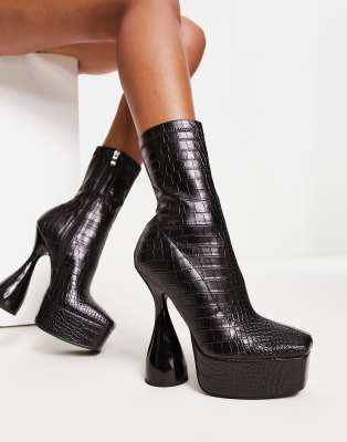 SIMMI Shoes Simmi London Edwin sculptured heel platform ankle boots in black croc