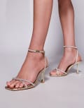 [Simmi Wide Fit] Simmi London Elia Wide Fit embellished mid heeled sandals in gold 36 Gold