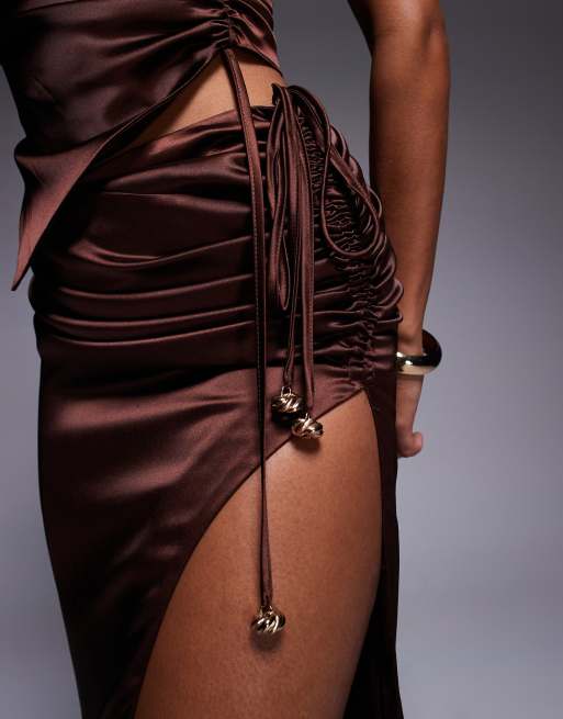 Simmi London Élodie chocolate satin drape maxi skirt in brown, 3 of 5
