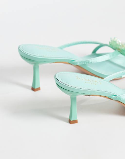 Simmi London Elowen heeled mule sandals in green satin, 4 of 4