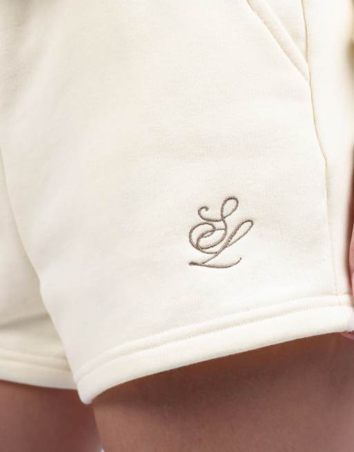 Simmi London Embroidered logo jersey shorts in cream, 3 of 4