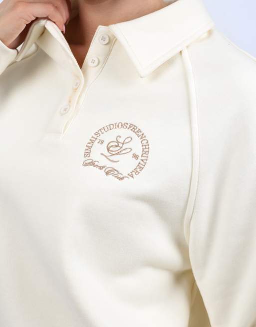 Simmi London Embroidered polo sweatshirt in cream, 3 of 4