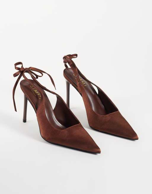 Simmi London escarpins slingback à talons avec nœud en satin marron, 3 de 5