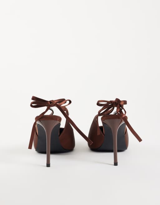 Simmi London escarpins slingback à talons avec nœud en satin marron, 5 de 5