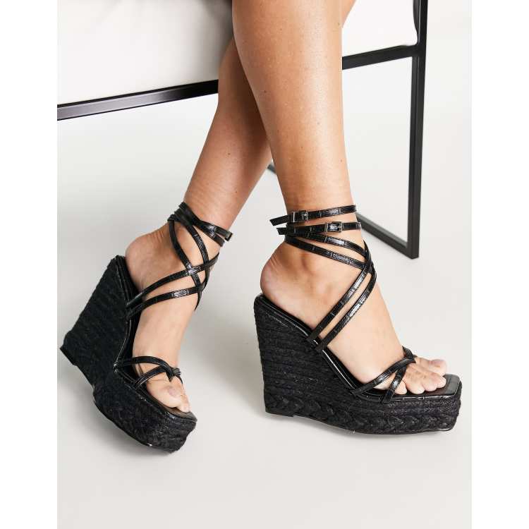 Black wedge sandals 2025 with ankle ties