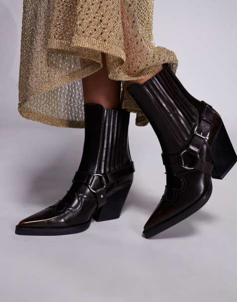 Simmi London Esperanza mid ankle cowboy boots with buckle detail in brown PU - view 1