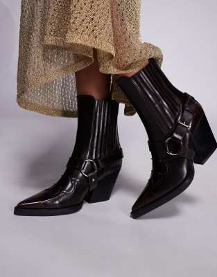 Simmi London - Esperanza - Stivaletti medi stile cowboy marroni in pelle sintetica con fibbie - view 1