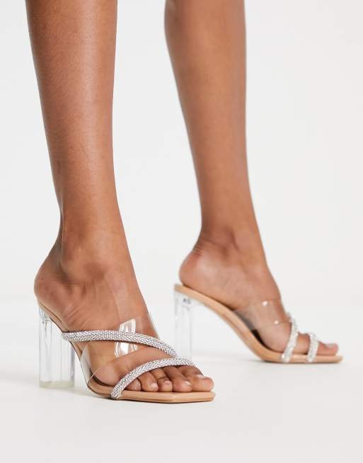 Simmi London - Everly - Sandali con tacco beige con dettagli in strass