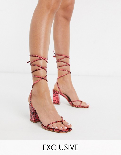 Simmi London Exclusive Polly ankle tie heeled sandals in pink snake