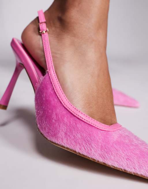Simmi London Exmoor pointed heeled slingback shoes with faux pony fur in pink