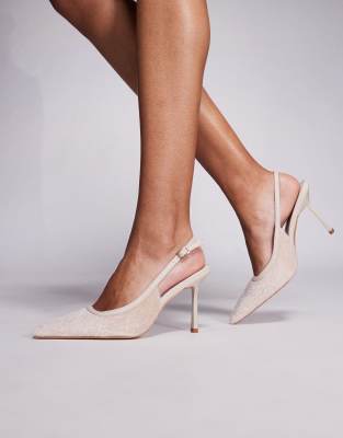 Simmi London Exmoor pointed heeled slingback shoes with faux pony fur in stone - view 1
