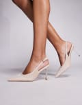 [SIMMI Shoes] Simmi London Exmoor pointed heeled slingback shoes with faux pony fur in stone-Neutral 39 STONE FAUX PONY