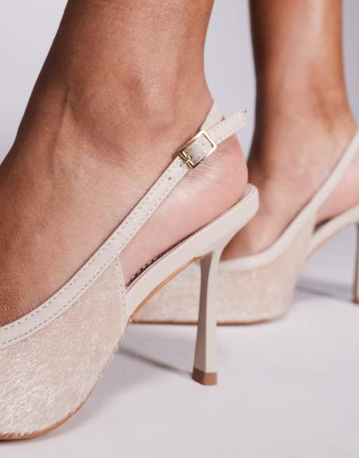 Simmi London Exmoor pointed heeled slingback shoes with faux pony fur in  stone