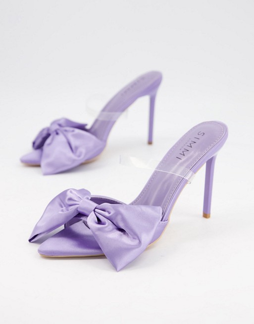 Simmi London Ezlili heeled sandals with oversized bow in lilac satin