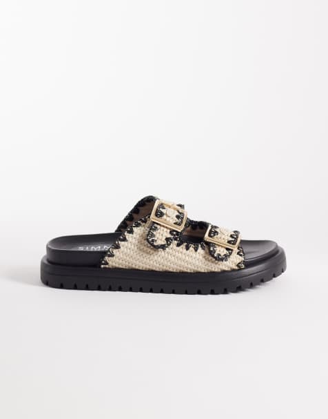 Simmi London Faron crochet double buckle sandals in cream and black - view 1