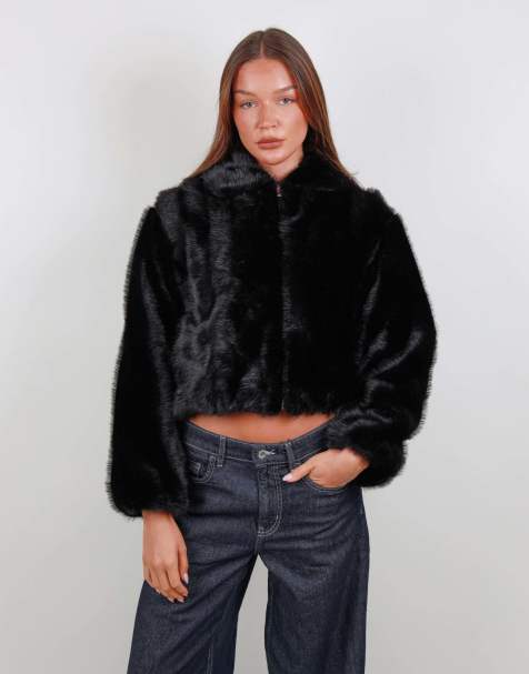 Simmi London Faux fur tonal cropped bomber in black - view 1