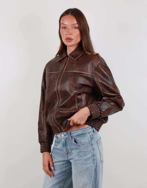 Simmi London Faux leather collar jacket in brown, 3 of 7