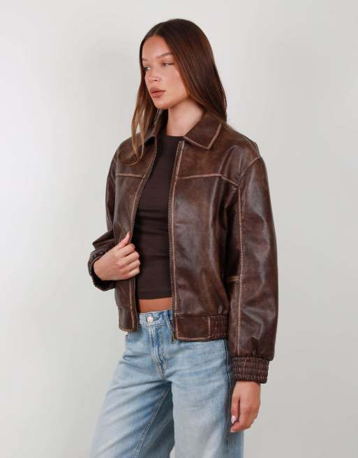 Simmi London Faux leather collar jacket in brown, 6 of 7