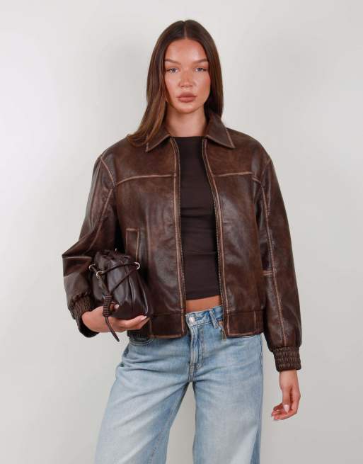 Simmi London Faux leather collar jacket in brown, 7 of 7