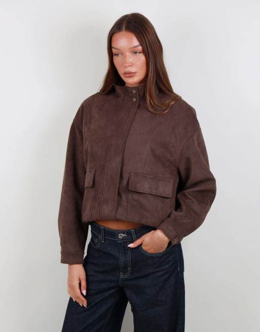 Simmi London Faux suede cargo pocket jacket in brown, 3 of 6