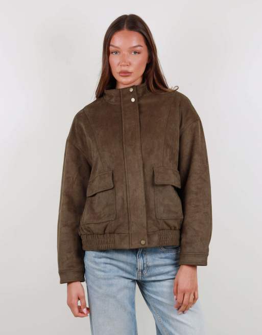 Simmi London Faux suede cargo pocket jacket in olive, 3 of 4